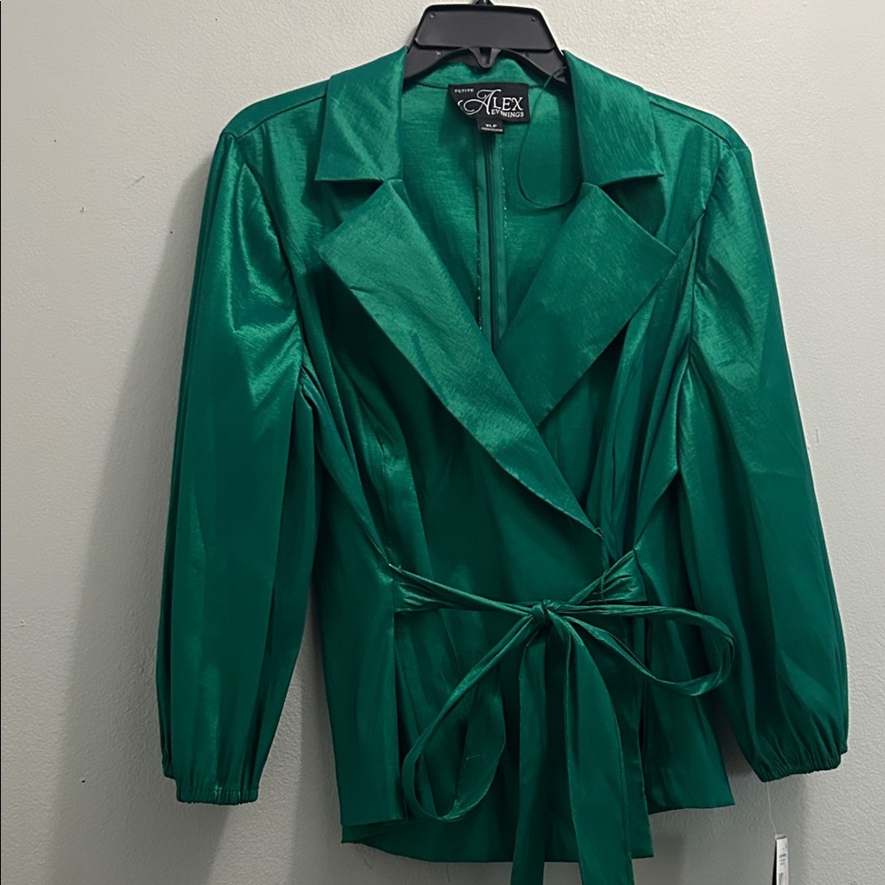 Alex Evenings Emerald Satin Wrap Blazer with Tie Waist - Picture 7 of 7